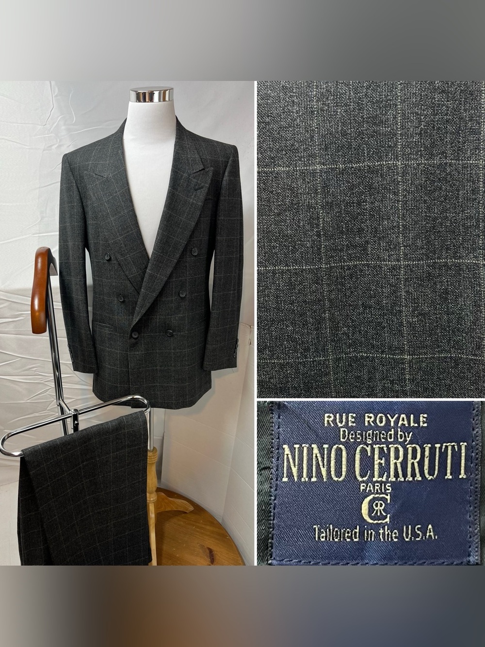Nino Cerruti Men's 40L Blazer 32x34 Pant Plaid Double Breasted Vtg Gangster Suit